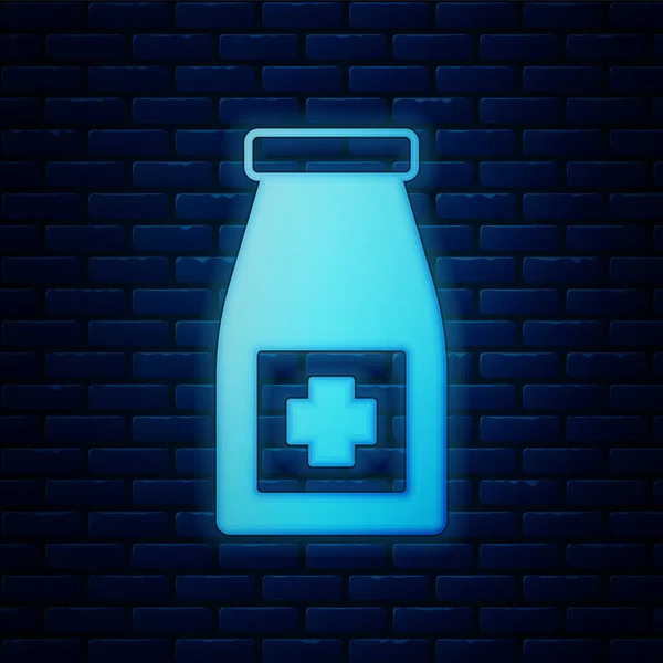 Świecący Neon Lekarska Butelka Ikona Pigułki Izolowane Tle Cegły Ściany — Wektor stockowy