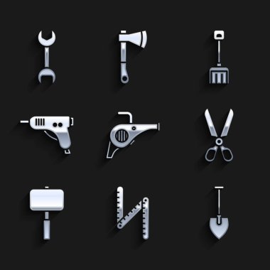 Yaprak üfleme makinesini, cetvel cetvel makaslarını, balyoz elektrikli elektrikli elektrikli elektrikli tutkal tabancasını, kar küreğini ve İngiliz anahtarı simgesini ayarla. Vektör.