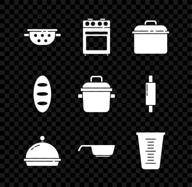 Mutfak süzgeci fırın tenceresini tepside kızartma tavası ölçme kabı somun ve ikon ile kaplayın. Vektör.