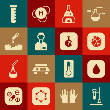 Test tüpünü ateşe verin. Su damlası Tuz Taşı Laboratuvarı asistanı Petri kabı pipetli ve çatlak ikonlu olsun. Vektör.