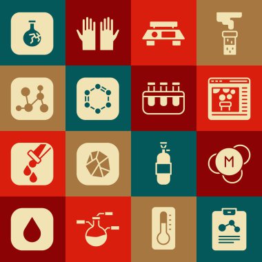 Kimya raporunu hazırla Molekül Kimya çevrimiçi elektronik ölçekli benzen halkaları formülü formülü formülü şişeyi, deney tüpünü ve simgeyi çatlattı. Vektör.