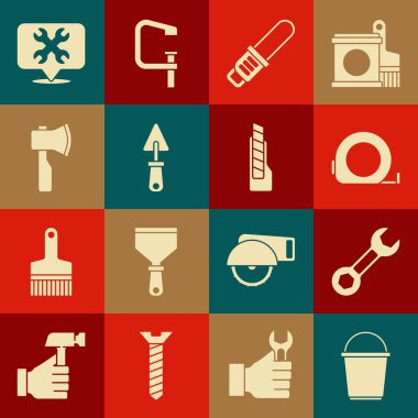 Set Bucket Wrench spanner Roulette construction Chainsaw Trowel Wooden axe Location with wrench and Stationery knife icon. Vector.