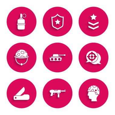 Set Military tank Submachine gun M3 Army soldier Target sport Swiss army knife helmet rank and Hand grenade icon. Vector.