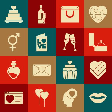 Gülümseyen dudaklar Şeker kalp şeklinde kutu elmas nişan yüzüğü alışveriş çantası Sevgililer günü parti broşürü cinsiyet düğün pastası ve şampanya ikonu. Vektör.