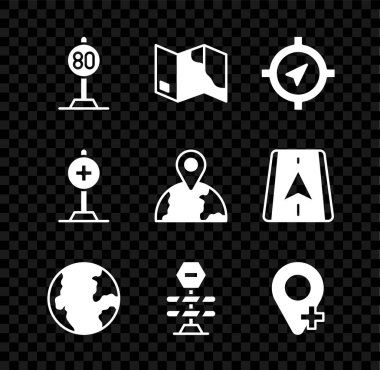 Hız limitini belirle trafik haritalı pusula dünya yol bariyeri konumu çapraz hastane ve simge ile. Vektör.