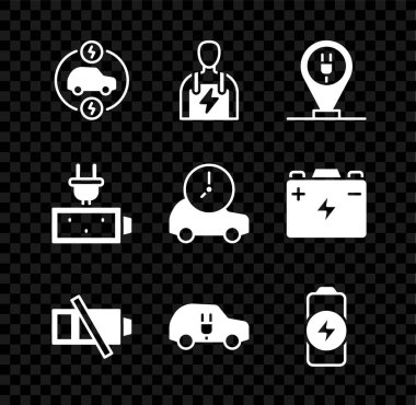 Elektrikli araba tamircisini düşük akü şarjı ve ikonu park etmeye ayarlayın. Vektör.