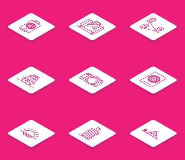 Seyahat için bilet çantası ve çıkartma güzergahı ile satır pasaportu ayarla. Fotoğraf makinesi biyometrik veri günbatımı ve simgesi. Vektör.