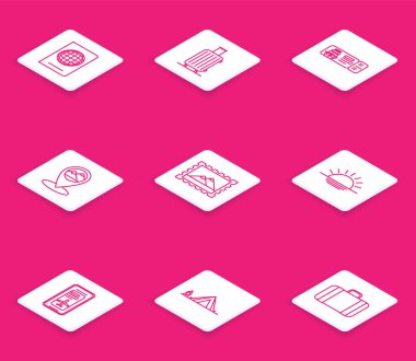 Biyometrik veri haritası işaretleyici dağ posta pulu ve Sunset akıllı telefon elektronik geçiş kartı havayolu ve turist çadırı odun yakma ikonu ile hat pasaportu ayarla. Vektör.