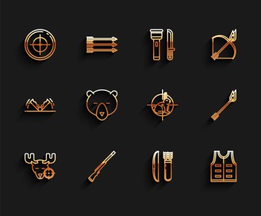 Hat Hunt 'ı av tüfeği, av tüfeği, ok ve yaylı yay ceketi, ayı kafası alevi ve tavşan ikonu yarışmaları için hedef alın. Vektör.