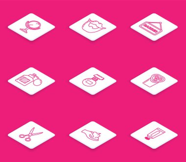 Çizgiyi ayarla El Bıyığı Sakalı Berber Dükkanı losyonu Kozmetik Tüpü Elektrikli Saç Tıraşı Makas Kuaförü ve Traş Jeli El İkonu. Vektör.