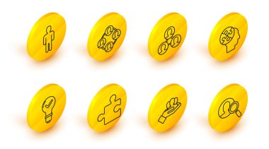 Halka açık bir Proje Ekibi Ampul Ampulü ve İnsan Kafa Bulmacaları Stratejisi ve Kullanıcı Giysisi ikonunu kontrol etmek için çizgi büyüteç ayarla. Vektör.