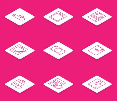 Satır Gemisi 'ni boş kişisel belge ile ayarlayın boş defter ve kalem destesi kağıt para klasörü seyahat çantası sigortası ve alışveriş binası simgesi. Vektör.