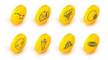 Mars Gezegeni Gezegeni Vulkan Uzaylı Kara Delik Astronot Kaskı ve Büyük Ayı Takımyıldızı ikonunu selamlıyor. Vektör.