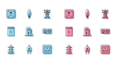 Elektrik prizi elektrik prizi elektrik prizi elektrik santrali elektrik santrali güç bankası ve ampul ikonunu ayarlayın. Vektör.