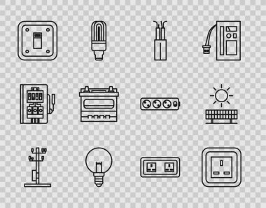 Hat yüksek voltaj elektrik direği hattı elektrik prizi ampul lambası araba aküsü güneş enerjisi paneli ve güneş ikonu ayarlayın. Vektör.