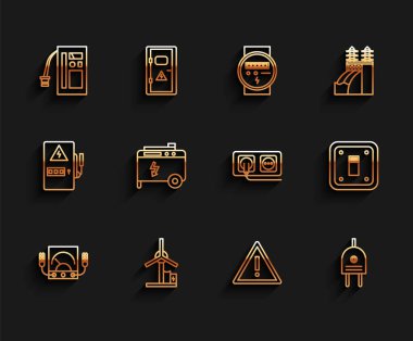 Hat Ampere metre multimetre voltmetre rüzgar türbini batarya ünlem üçgeni elektrik prize taşınabilir elektrik jeneratörü ışık düğmesi ve elektrik çıkış ikonu ayarlayın. Vektör.