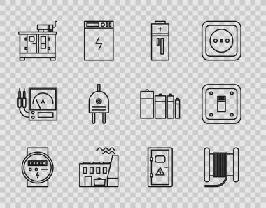 Elektrik sayacı elektrik kablosunu bir makara veya varil kömür santrali ve fabrika dizel jeneratör prizi elektrik prizi ve ışık anahtarı ikonu üzerine ayarla. Vektör.