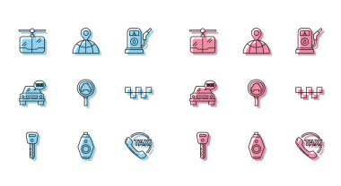 Otomobil anahtarını uzaktan kumandalı kablo araba taksisine ayarla. Telefon servisini ara. Büyüteç, taksi çatısı ve dünya ikonunun yerini belirle. Vektör.