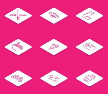 Geleneksel Japon Katana Kağıt Çin ya da Japon hayran çay seremonisi Asya erişte kasesi ve çubukları Temaki rulo suşi kesme tahtası ve Origami kuş ikonu. Vektör.