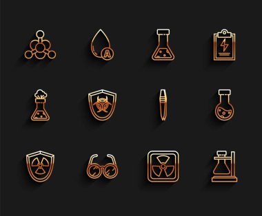 Set line Radioactive in shield Laboratory glasses Bacteria Test tube flask on stand Biohazard symbol chemical and Tweezers icon. Vector.