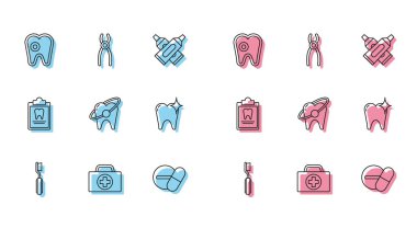 Diş fırçası ilk yardım çantasını ilaç veya tablet beyazlatma konsepti pano diş kartı ve diş pensesi ikonu ile ayarla. Vektör.