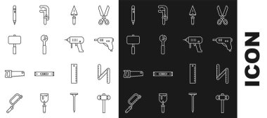 Set line Sledgehammer Folding ruler Electric hot glue gun Trowel Adjustable wrench Pencil with eraser and drill machine icon. Vector.