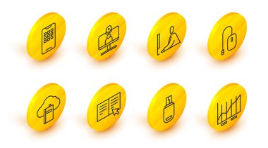 Set line Pie chart infographic USB flash drive Online book Cloud or online library Computer mouse Student working at laptop Video chat conference and Mobile phone icon. Vector.