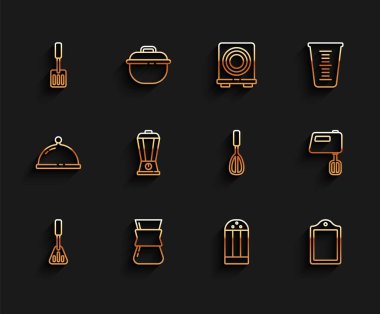 Spatula Kahve Türk Tuz Blender Elektrikli Karıştırıcı ve Mutfak çırpma ikonu. Vektör.