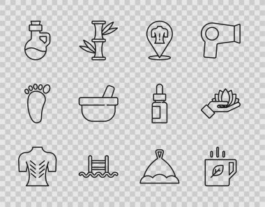 Merdiven yağı şişesi Havan topu sauna şapkası ve nilüfer çiçeği ikonuyla çizgili çay ve yaprak yüzme havuzu. Vektör.