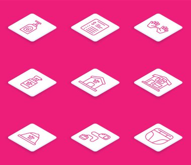 Pet Şampuan Grooming kuaför salonu fiyat listesi tıbbi lastik eldivenler köpek evi ve pati izli tımarhane yemek kasesi ve geri çekilebilir ip tasması ikonu. Vektör.