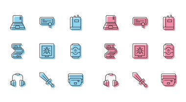 Dizüstü bilgisayarın bel çantasındaki muz böceklerinin oyun için kulaklık kılıcını çerçeve enerji içeceği kitabı ve sertifika şablon ikonu olarak ayarla. Vektör.