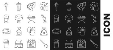 Sıralı süpürge sapı temizlikçi kadın servisi elektrikli süpürge lekesini masa örtüsü kovasında bez tuvalet fırçası ve ütü masası ikonu ile yerleştirin. Vektör.