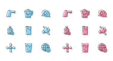 Su musluğu bardağını su gezegeni ile doldurun filtre kartuşu Büyük şişe temiz ve sürahi ikonu. Vektör.