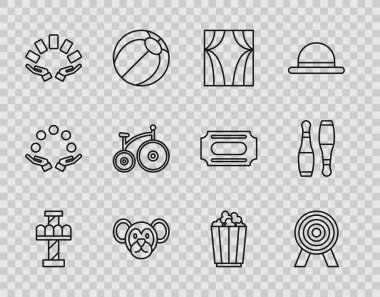 Cazibe Atlıkarınca Sirki perdesi Maymun El 'in elinde eski bisiklet, patlamış mısır kutusu ve bovling pin ikonu ile oynadığı oyun kartlarını kaldırıyor. Vektör.