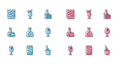 Bardak bira konservesi viski, şişe tekila, viski, viski, bardak ve kokteyl ikonu. Vektör.