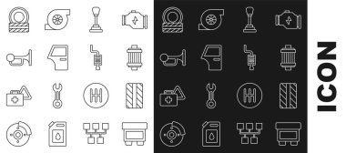 Fuse Car tekerlek hava filtresi vites kapısı vites değiştirici kornasını araç ve egzoz simgesine ayarla. Vektör.