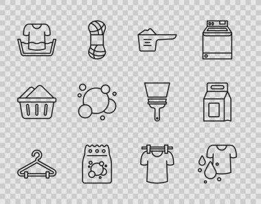 Sıraya geçin, gardırop Kirli tişört, deterjan deterjan, sabun köpüklü çamaşır suyu, çamaşır ve ikon. Vektör.