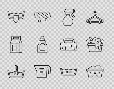 Hat sıcaklığını sabun köpüğü ile ayarla. Su püskürtme şişesi ölçme kabı yıkama modları. Temizlik maddesi ve ikon için şişe. Vektör.