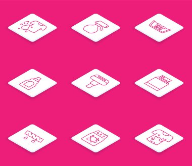 Kirli Tişört Su Spreyi Sıcaklık Şişesi Temizlik Ajansı Buharlı Buhar Buharlı Çamaşır Makinesi Çamaşırları ve Çamaşır deterjanı ikonu. Vektör.