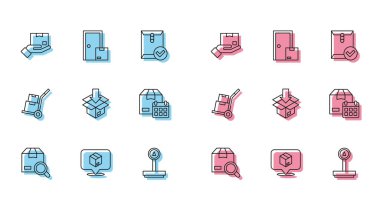 Satır Arama paket konumunu karton kutu teslimat karton karton takvim takvim el kutuları ve ev teslim servisi simgesi ile ayarla. Vektör.