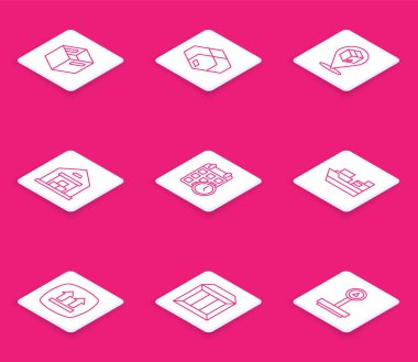 Karton karton kutu konumunu Depo karton takvim kutuları ile ayarlayın Bu taraf ve simge teslim. Vektör.