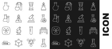 Test tüpünü zehirli sıvı Eski kum saati alkolü veya ruh yakıcı ve mikroskop ikonu ile ayarla. Vektör.