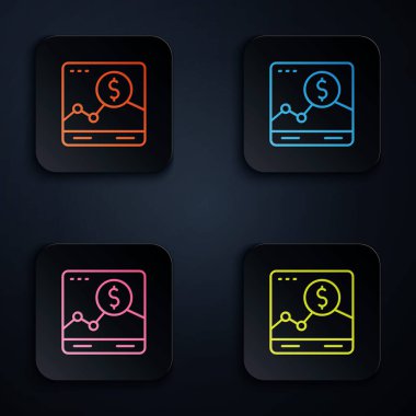 Borsa büyüme grafikleri ve kara fon üzerinde izole edilmiş para simgesi olan renkli neon hattı web sitesi. Ekranda ok grafikleri olan bir monitör. Kare düğmelere simgeleri yerleştir. Vektör.