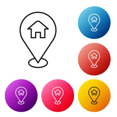 Beyaz zemin üzerinde ev simgesi olan siyah çizgi haritası işaretçisi. Ev konumu belirleyici sembol. Renkli daire düğmelerini ayarlayın. Vektör.