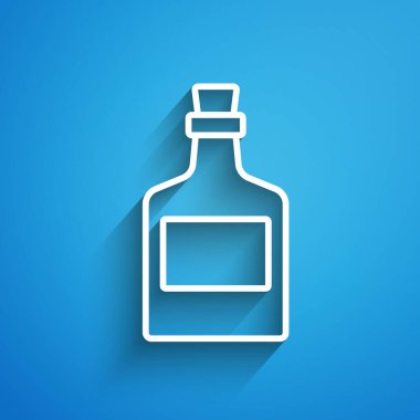 Beyaz çizgili alkol, mavi arka planda izole edilmiş rom şişesi ikonu. Uzun gölge. Vektör.