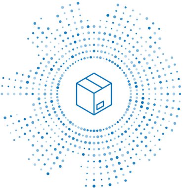 Mavi çizgi karton kutu simgesi beyaz arkaplanda izole edildi. Kutu, paket, paket işareti. Teslimat ve ambalaj. Soyut çember rastgele noktalar. Vektör.