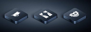 Isometric Cannon, Clown Head ve Circus Curtain ikonu kaldırıyor. Vektör.