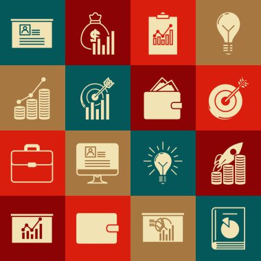 Set User manual Rocket flying up on coins growth chart Target Clipboard with graph Pie infographic and Board resume and Wallet stacks paper money cash icon. Vector.