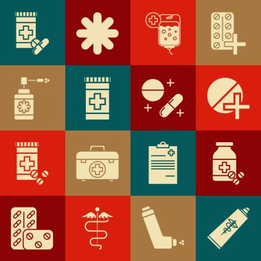 Set Ointment cream tube medicine Medicine bottle and pills or tablet IV bag Medical with nozzle spray and icon. Vector.