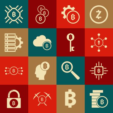 Set Cryptocurrency coin Bitcoin CPU mining farm Blockchain technology Ethereum ETH cloud Server and gear and key icon. Vector.